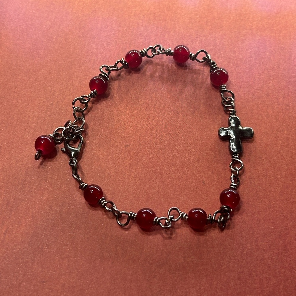 Artisan Red Beaded Gunmetal Chain Bracelet